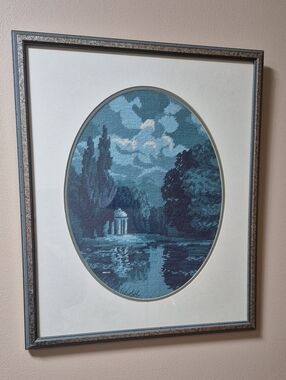 VINTAGE Handcrafted Wiehler Gobelin 'Autumn Lake' Framed Embroidered Wall Art